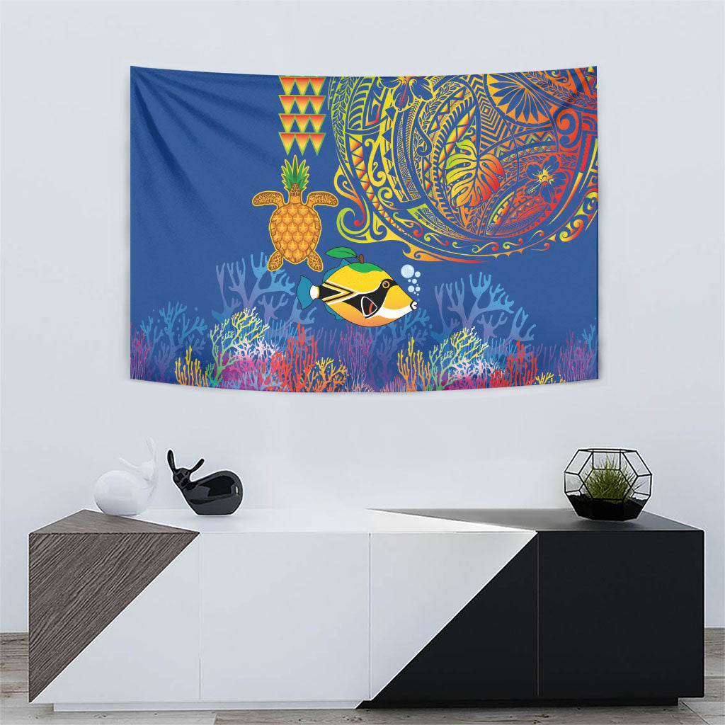 Hawaii Ocean Tapestry Pineapple Turtle and Mango Reef Triggerfish and Kakau Tattoo