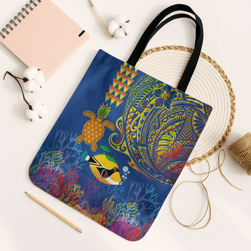 Hawaii Ocean Tote Bag Pineapple Turtle and Mango Reef Triggerfish and Kakau Tattoo