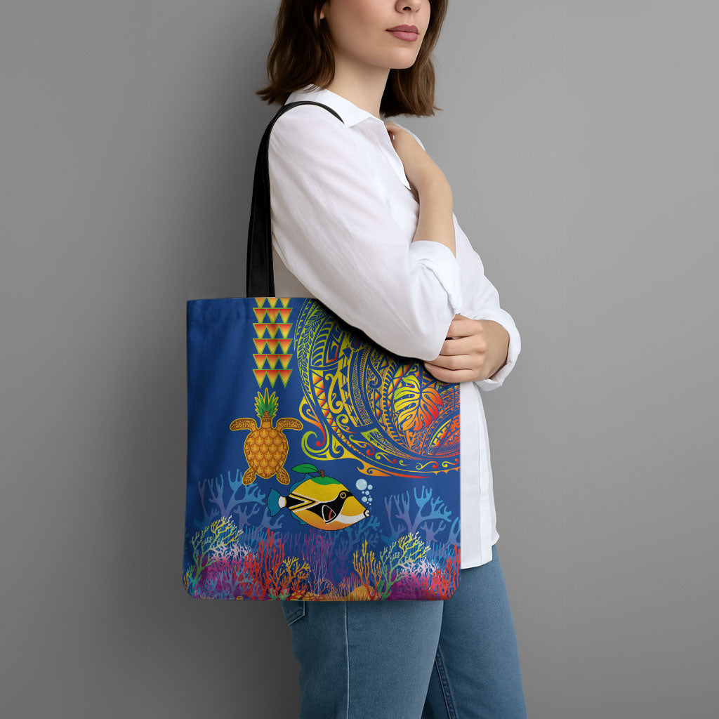 Hawaii Ocean Tote Bag Pineapple Turtle and Mango Reef Triggerfish and Kakau Tattoo