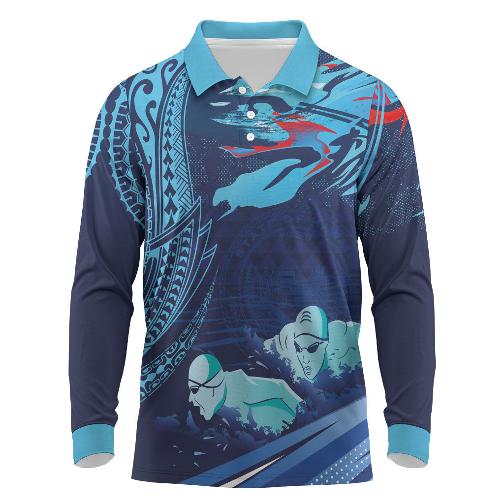 Personalized Hawaii Swimming Long Sleeve Polo Shirt Tribal Sporty Style