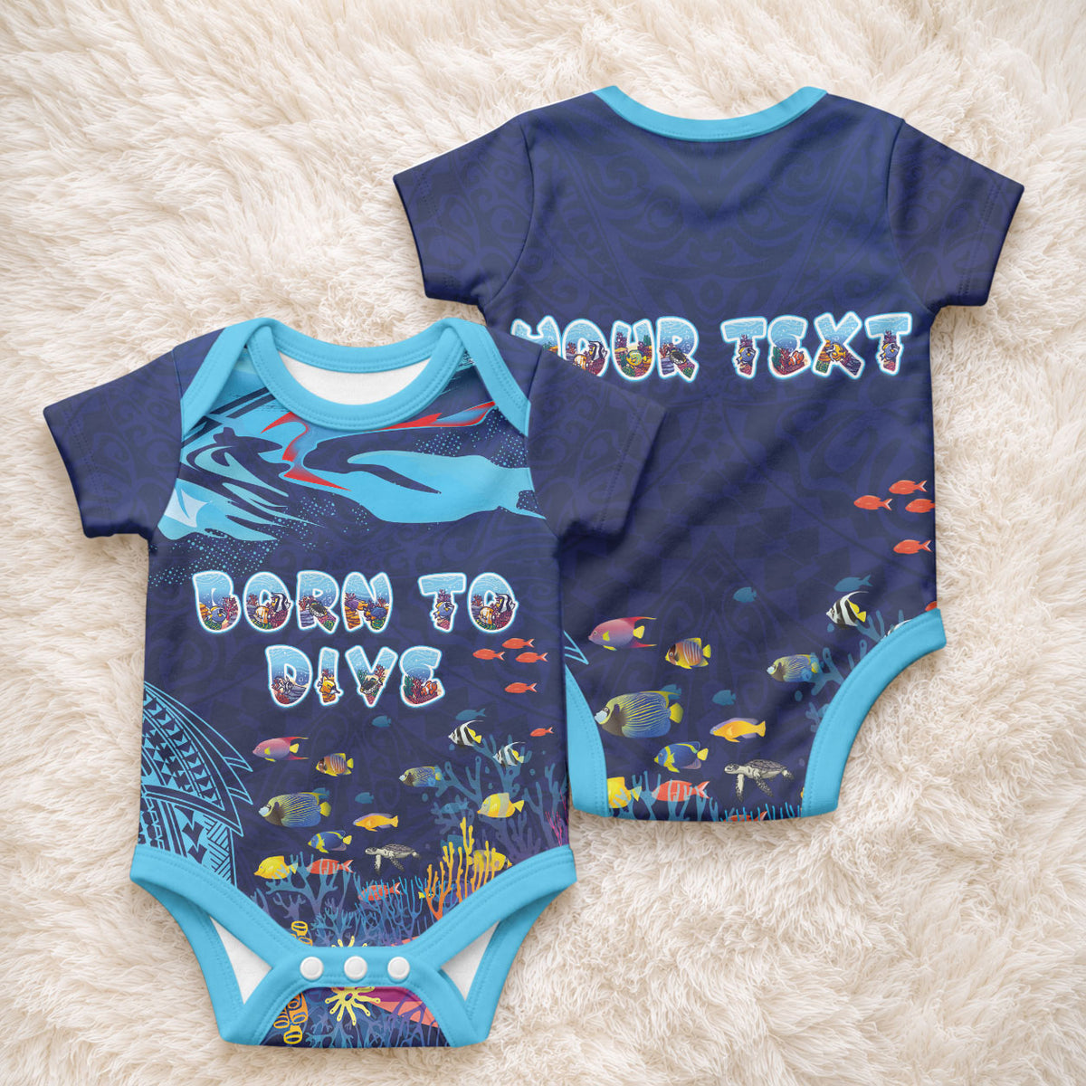 Personalized Hawaii Diving Baby Onesie Tribal Pattern with Ocean Floor