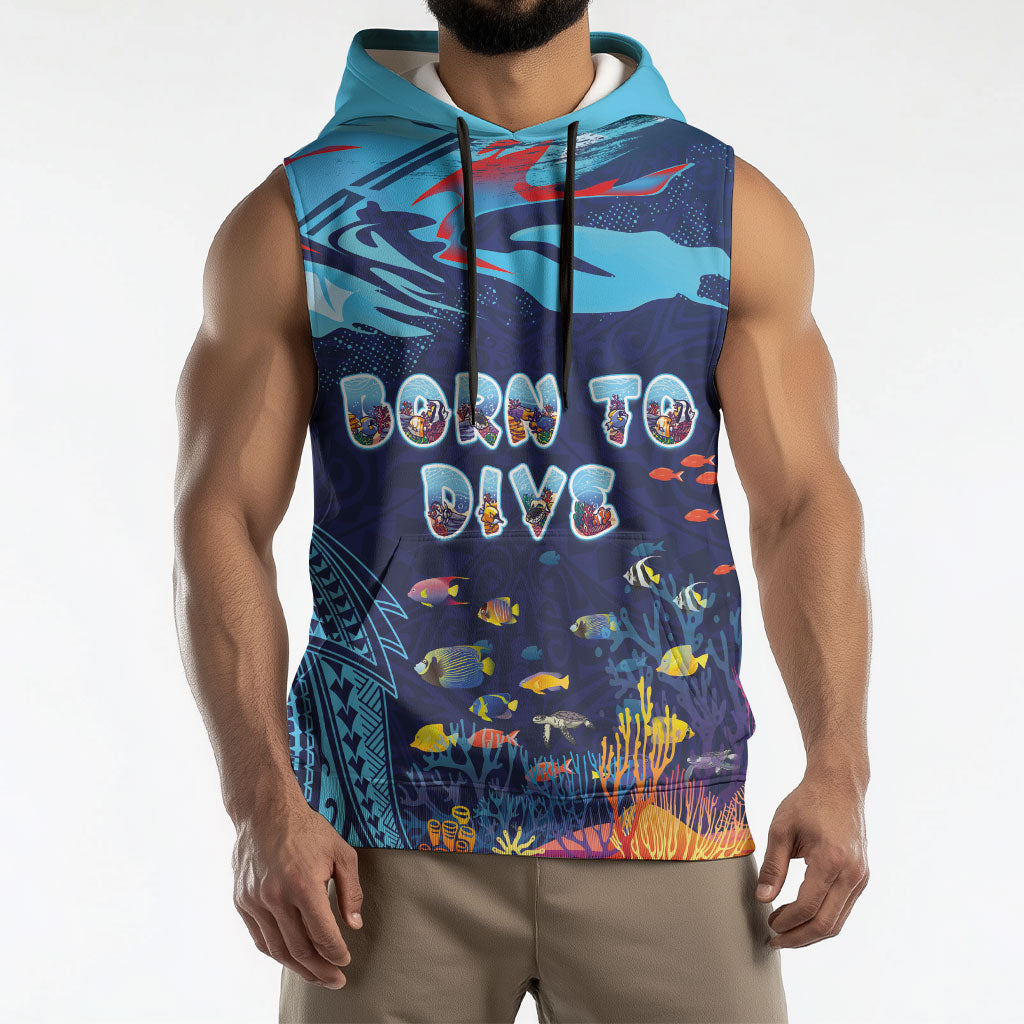 Personalized Hawaii Diving Sleeveless Hoodie Tribal Pattern with Ocean Floor