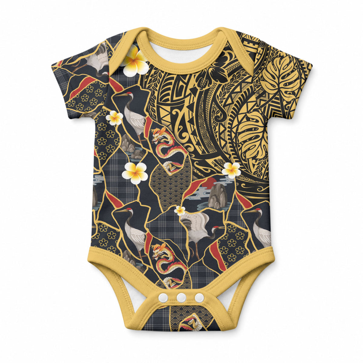Hawaiian and Japanese Baby Onesie Polynesian Tattoo with Japanese Culture Kintsugi Style