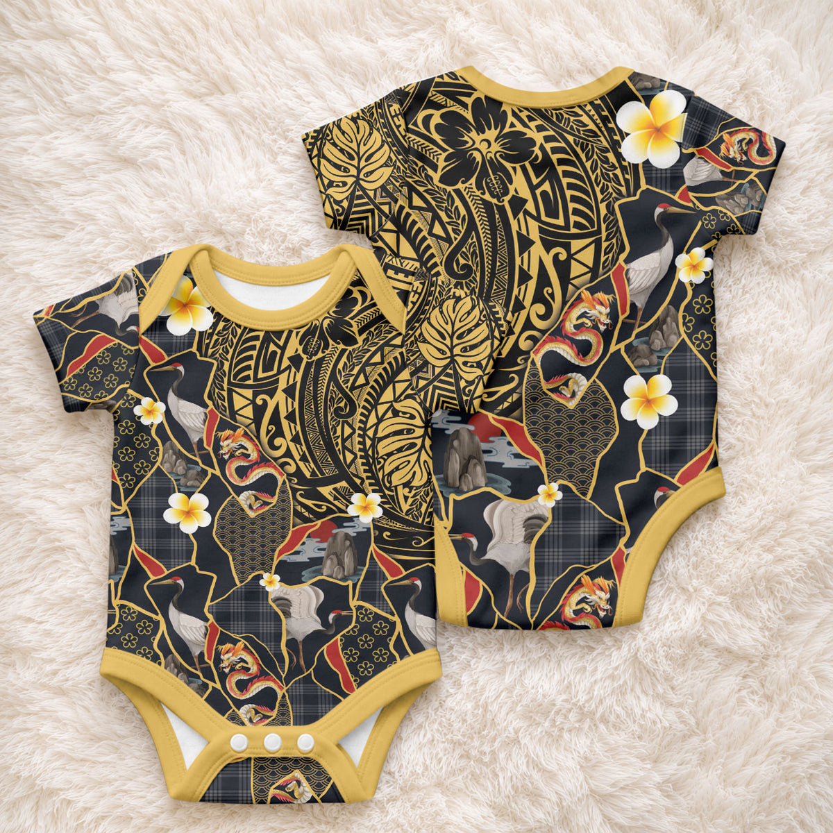 Hawaiian and Japanese Baby Onesie Polynesian Tattoo with Japanese Culture Kintsugi Style