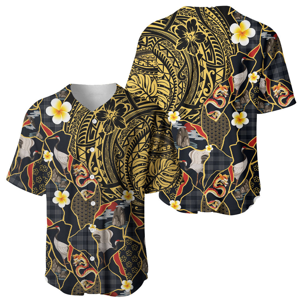 Hawaiian and Japanese Baseball Jersey Polynesian Tattoo with Japanese Culture Kintsugi Style