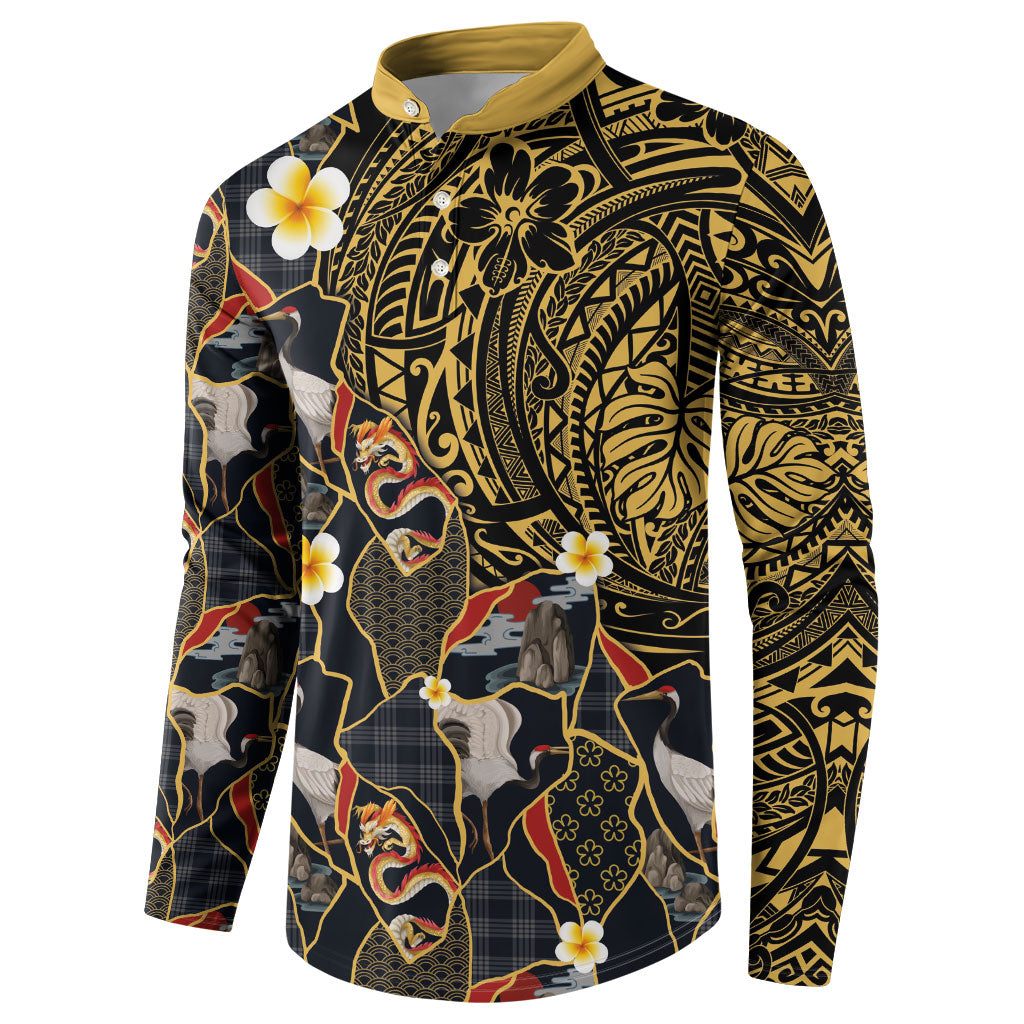 Hawaiian and Japanese Button Sweatshirt Polynesian Tattoo with Japanese Culture Kintsugi Style