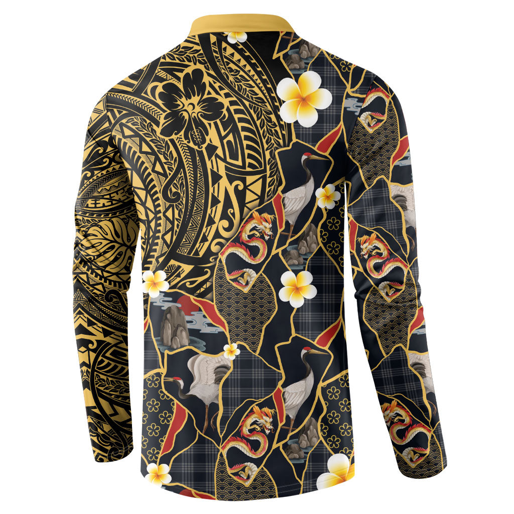 Hawaiian and Japanese Button Sweatshirt Polynesian Tattoo with Japanese Culture Kintsugi Style