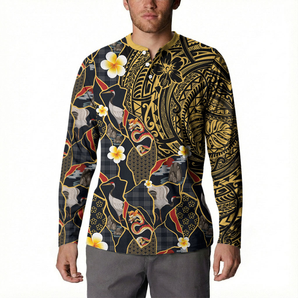Hawaiian and Japanese Button Sweatshirt Polynesian Tattoo with Japanese Culture Kintsugi Style