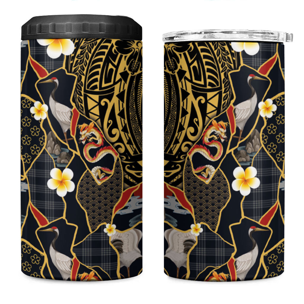 Hawaiian and Japanese 4 in 1 Can Cooler Tumbler Polynesian Tattoo with Japanese Culture Kintsugi Style