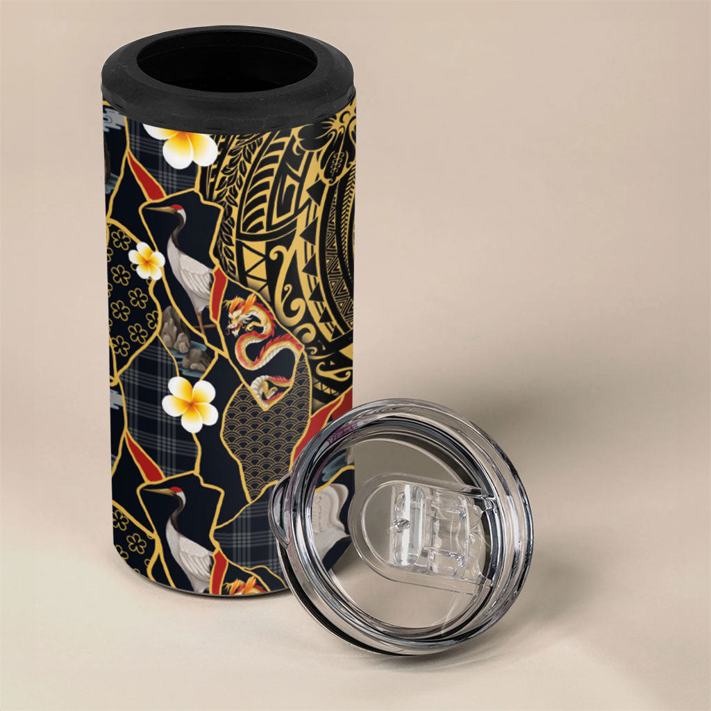 Hawaiian and Japanese 4 in 1 Can Cooler Tumbler Polynesian Tattoo with Japanese Culture Kintsugi Style