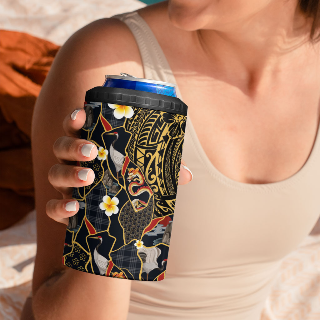 Hawaiian and Japanese 4 in 1 Can Cooler Tumbler Polynesian Tattoo with Japanese Culture Kintsugi Style