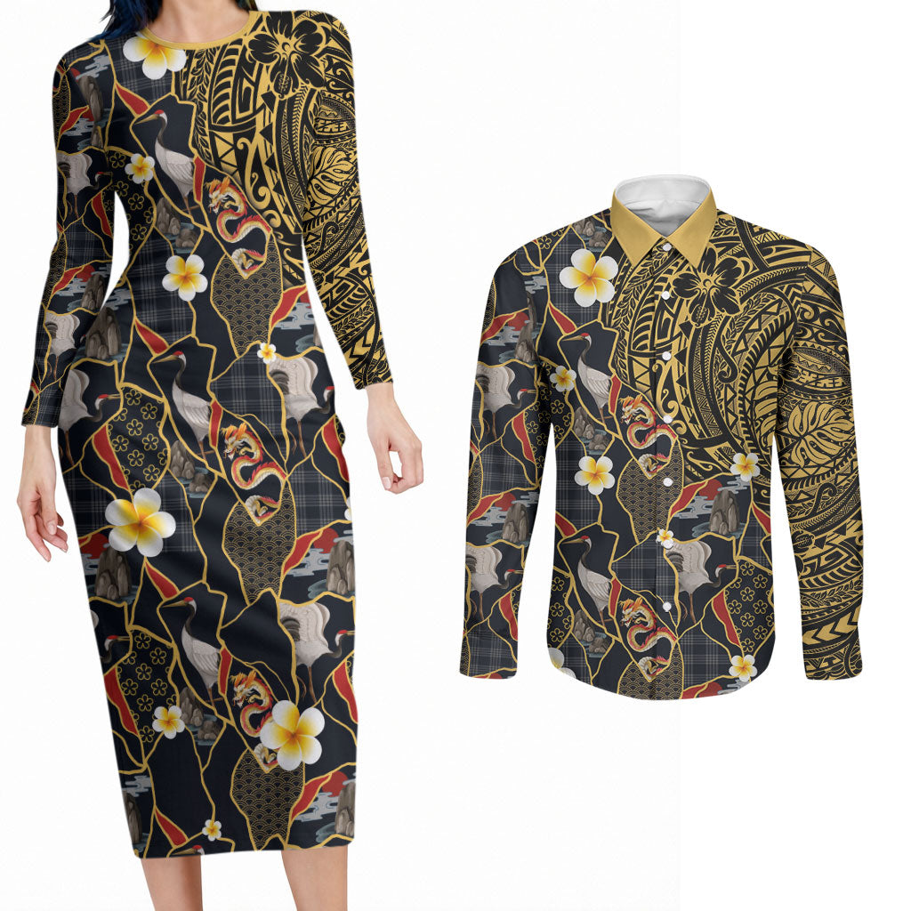 Hawaiian and Japanese Couples Matching Long Sleeve Bodycon Dress and Long Sleeve Button Shirt Polynesian Tattoo with Japanese Culture Kintsugi Style