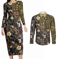 Hawaiian and Japanese Couples Matching Long Sleeve Bodycon Dress and Long Sleeve Button Shirt Polynesian Tattoo with Japanese Culture Kintsugi Style