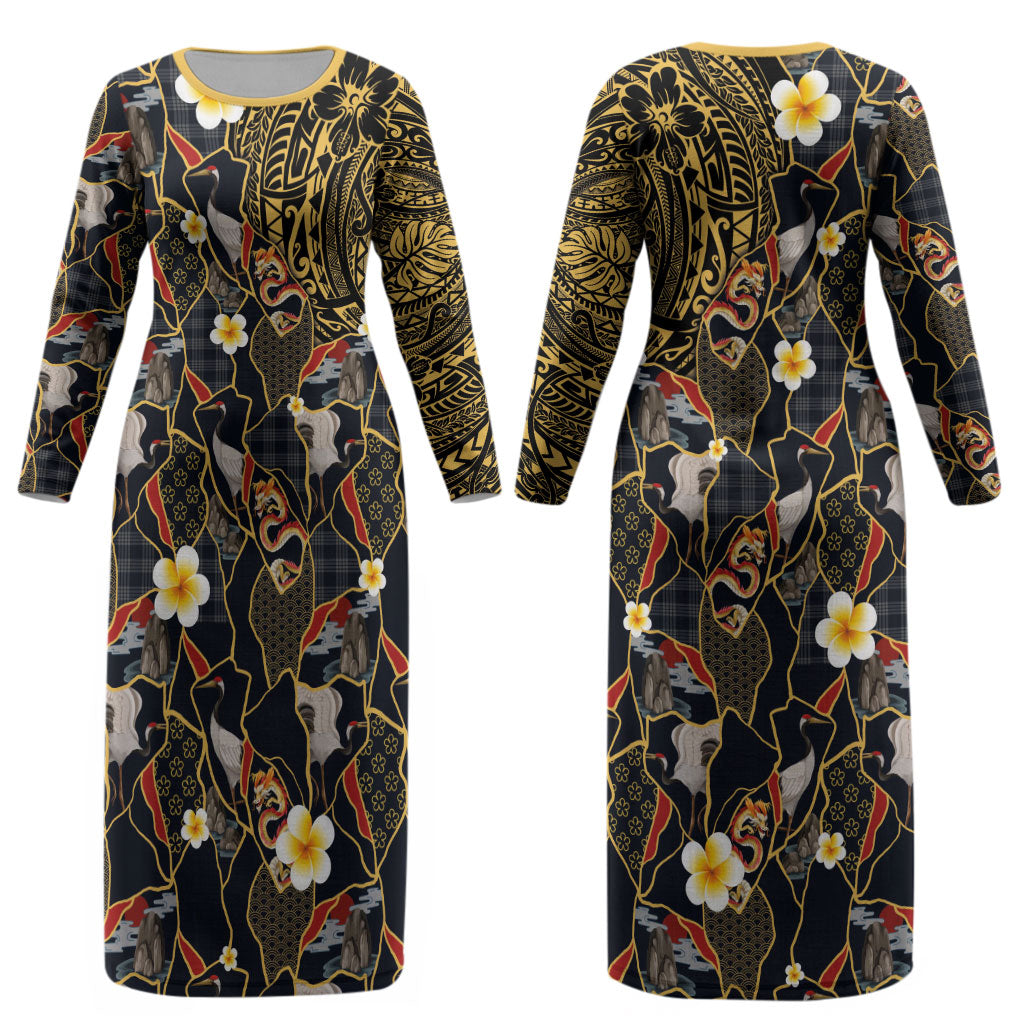 Hawaiian and Japanese Couples Matching Long Sleeve Bodycon Dress and Long Sleeve Button Shirt Polynesian Tattoo with Japanese Culture Kintsugi Style