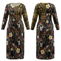 Hawaiian and Japanese Couples Matching Long Sleeve Bodycon Dress and Long Sleeve Button Shirt Polynesian Tattoo with Japanese Culture Kintsugi Style