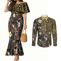 Hawaiian and Japanese Couples Matching Mermaid Dress and Long Sleeve Button Shirt Polynesian Tattoo with Japanese Culture Kintsugi Style