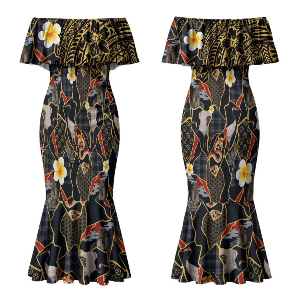 Hawaiian and Japanese Couples Matching Mermaid Dress and Long Sleeve Button Shirt Polynesian Tattoo with Japanese Culture Kintsugi Style