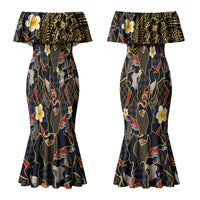 Hawaiian and Japanese Couples Matching Mermaid Dress and Long Sleeve Button Shirt Polynesian Tattoo with Japanese Culture Kintsugi Style