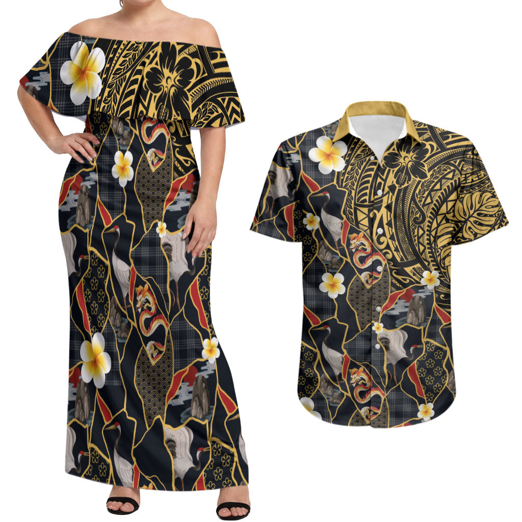 Hawaiian and Japanese Couples Matching Off Shoulder Maxi Dress and Hawaiian Shirt Polynesian Tattoo with Japanese Culture Kintsugi Style