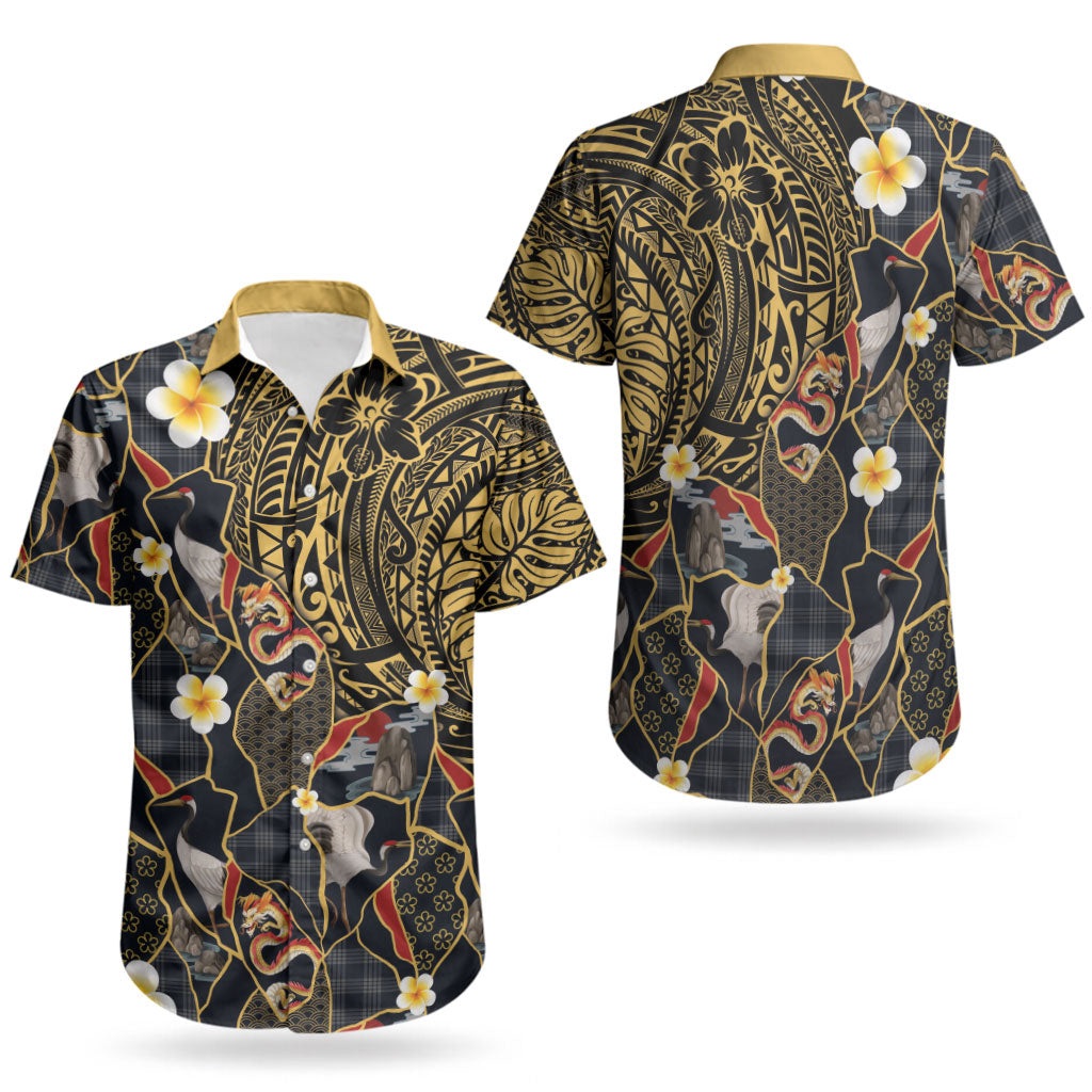 Hawaiian and Japanese Couples Matching Off Shoulder Maxi Dress and Hawaiian Shirt Polynesian Tattoo with Japanese Culture Kintsugi Style