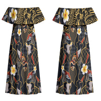 Hawaiian and Japanese Couples Matching Off Shoulder Maxi Dress and Hawaiian Shirt Polynesian Tattoo with Japanese Culture Kintsugi Style
