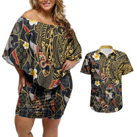 Hawaiian and Japanese Couples Matching Off Shoulder Short Dress and Hawaiian Shirt Polynesian Tattoo with Japanese Culture Kintsugi Style