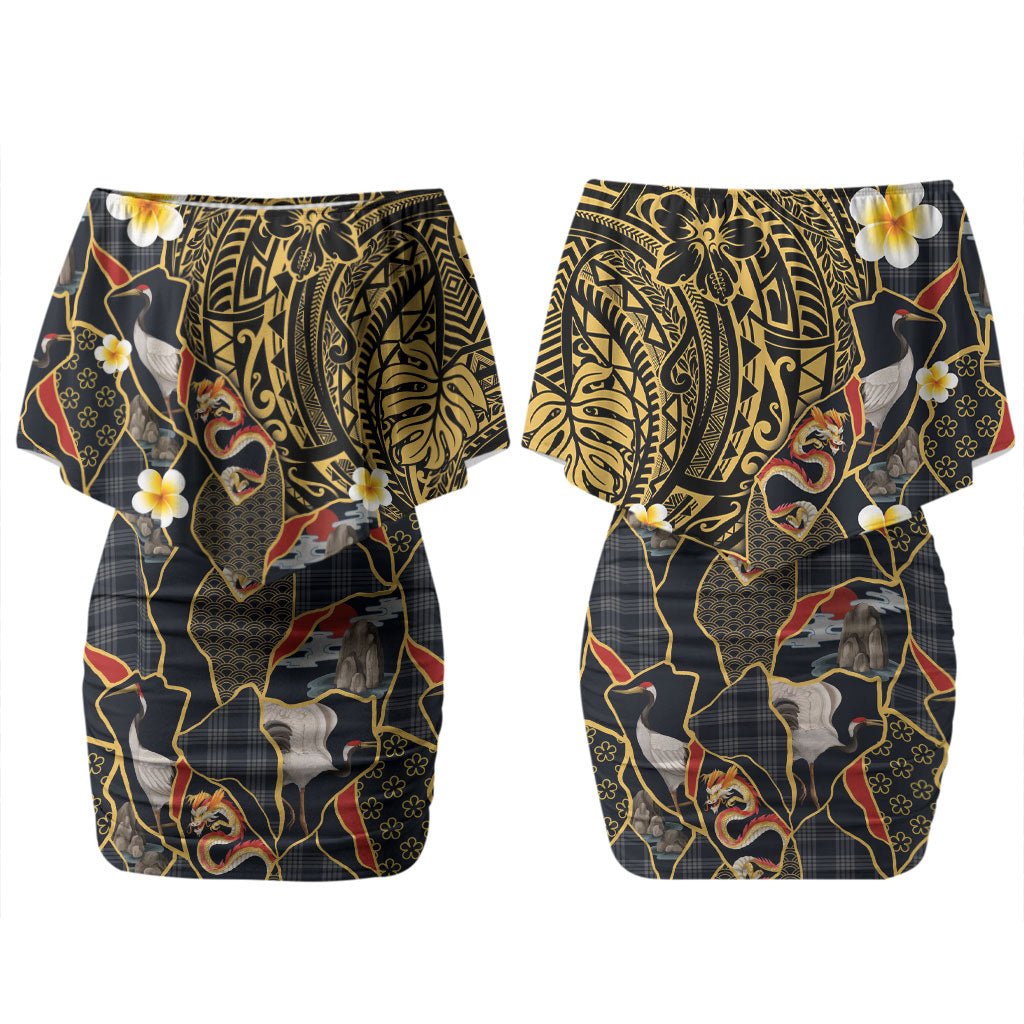 Hawaiian and Japanese Couples Matching Off Shoulder Short Dress and Hawaiian Shirt Polynesian Tattoo with Japanese Culture Kintsugi Style