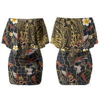 Hawaiian and Japanese Couples Matching Off Shoulder Short Dress and Hawaiian Shirt Polynesian Tattoo with Japanese Culture Kintsugi Style