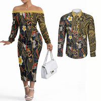 Hawaiian and Japanese Couples Matching Off The Shoulder Long Sleeve Dress and Long Sleeve Button Shirt Polynesian Tattoo with Japanese Culture Kintsugi Style