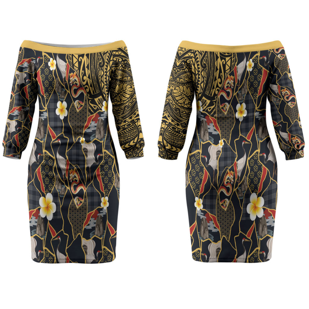 Hawaiian and Japanese Couples Matching Off The Shoulder Long Sleeve Dress and Long Sleeve Button Shirt Polynesian Tattoo with Japanese Culture Kintsugi Style