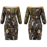 Hawaiian and Japanese Couples Matching Off The Shoulder Long Sleeve Dress and Long Sleeve Button Shirt Polynesian Tattoo with Japanese Culture Kintsugi Style
