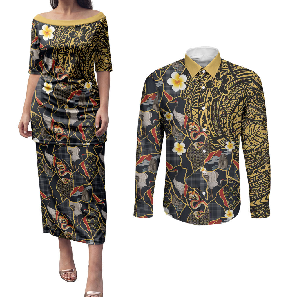 Hawaiian and Japanese Couples Matching Puletasi and Long Sleeve Button Shirt Polynesian Tattoo with Japanese Culture Kintsugi Style LT03 Multicolor - Polynesian Pride