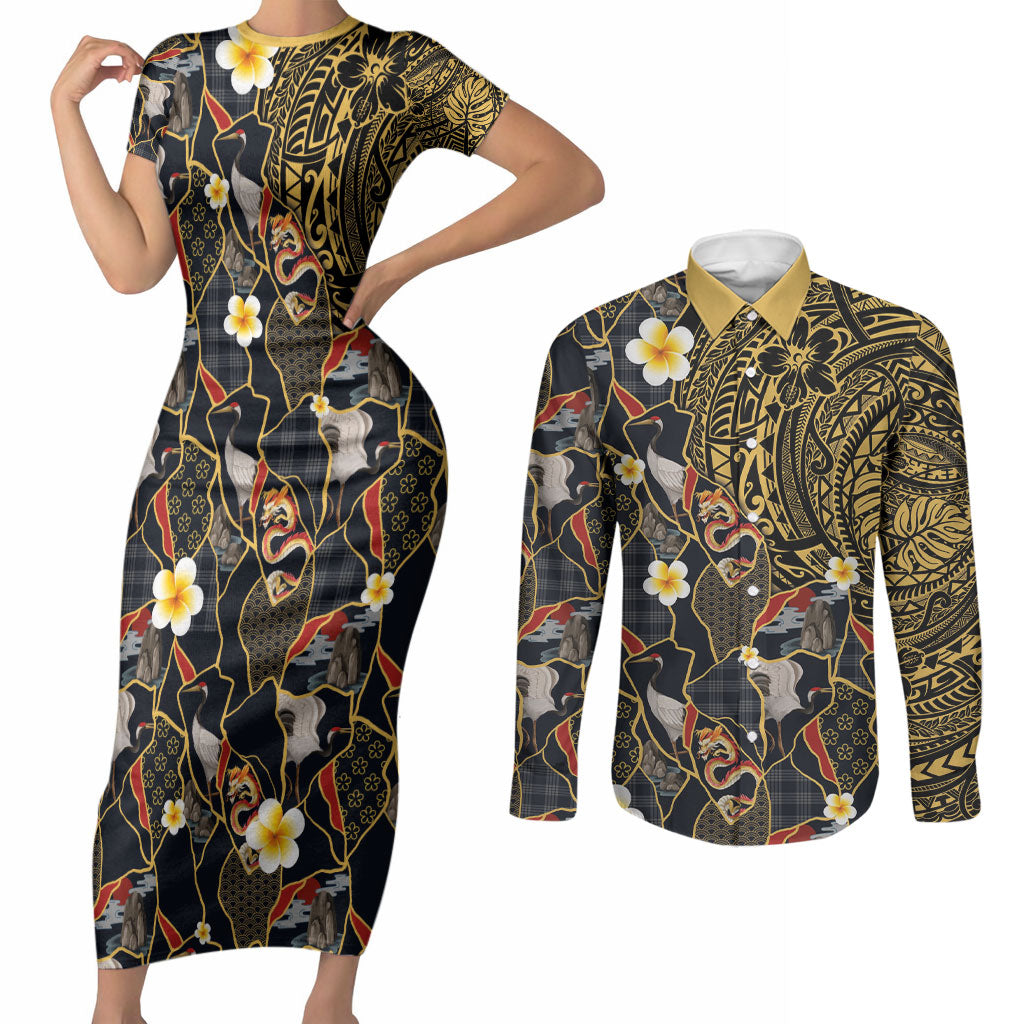 Hawaiian and Japanese Couples Matching Short Sleeve Bodycon Dress and Long Sleeve Button Shirt Polynesian Tattoo with Japanese Culture Kintsugi Style