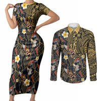 Hawaiian and Japanese Couples Matching Short Sleeve Bodycon Dress and Long Sleeve Button Shirt Polynesian Tattoo with Japanese Culture Kintsugi Style
