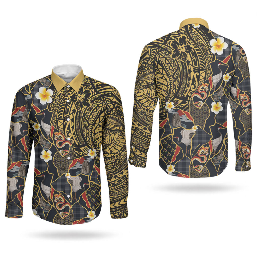 Hawaiian and Japanese Couples Matching Short Sleeve Bodycon Dress and Long Sleeve Button Shirt Polynesian Tattoo with Japanese Culture Kintsugi Style