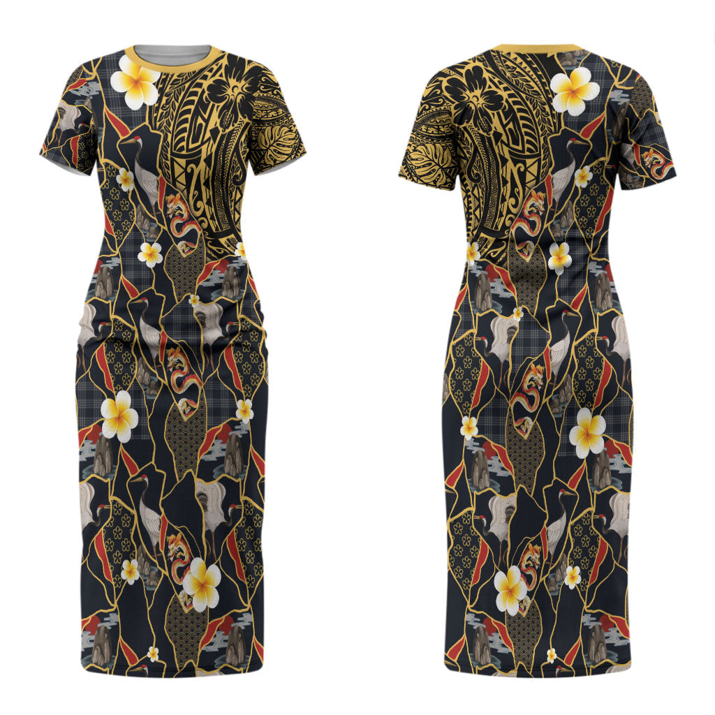 Hawaiian and Japanese Couples Matching Short Sleeve Bodycon Dress and Long Sleeve Button Shirt Polynesian Tattoo with Japanese Culture Kintsugi Style