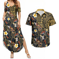 Hawaiian and Japanese Couples Matching Summer Maxi Dress and Hawaiian Shirt Polynesian Tattoo with Japanese Culture Kintsugi Style