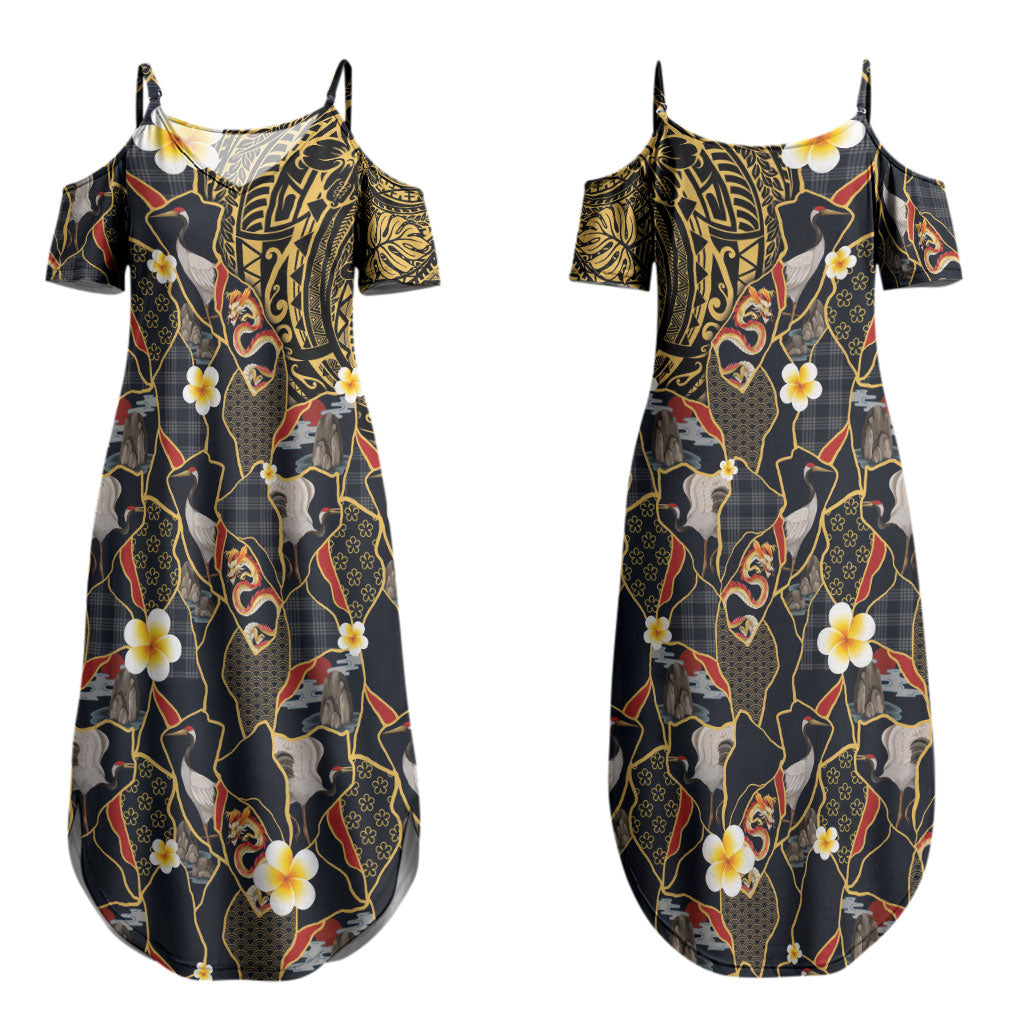 Hawaiian and Japanese Couples Matching Summer Maxi Dress and Hawaiian Shirt Polynesian Tattoo with Japanese Culture Kintsugi Style
