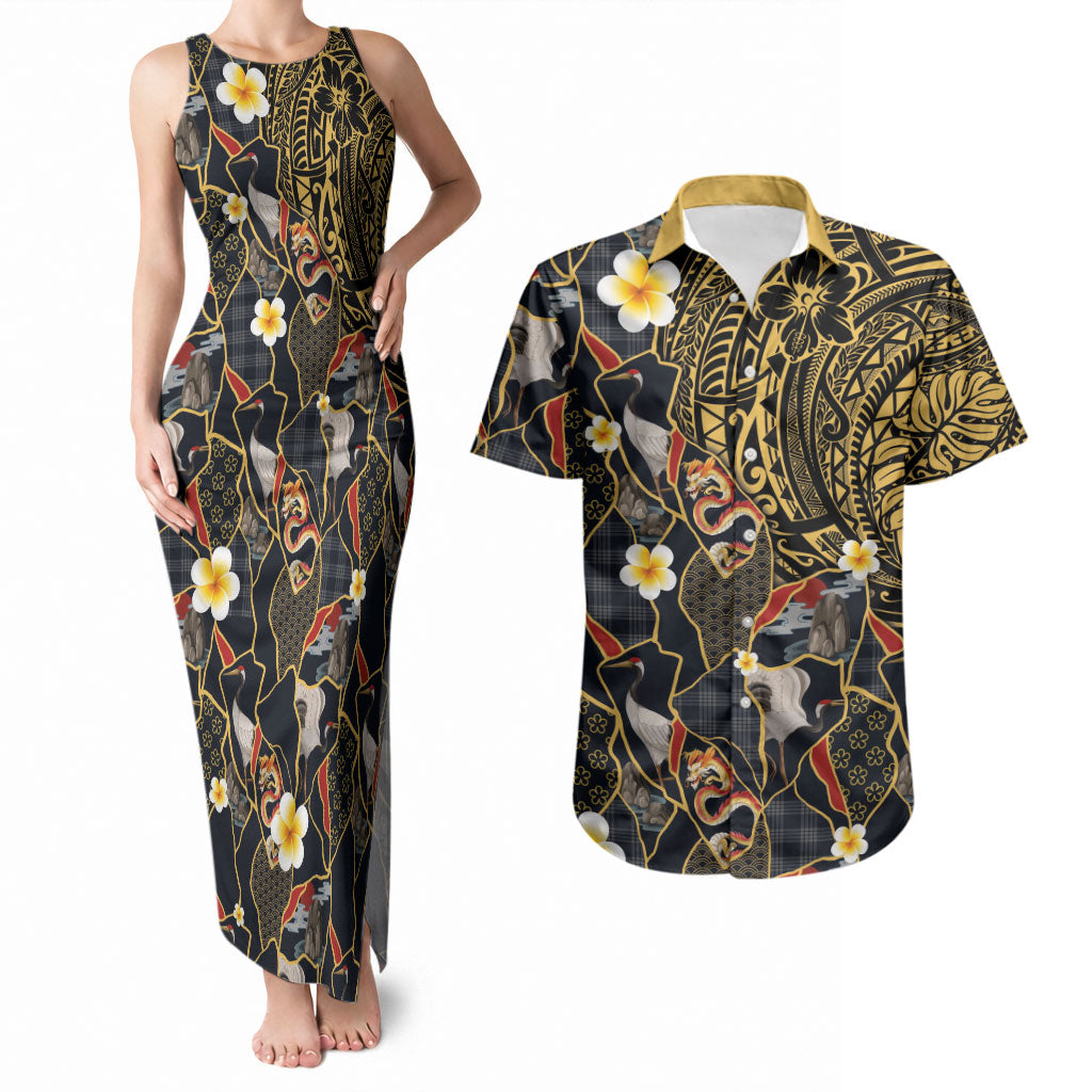 Hawaiian and Japanese Couples Matching Tank Maxi Dress and Hawaiian Shirt Polynesian Tattoo with Japanese Culture Kintsugi Style