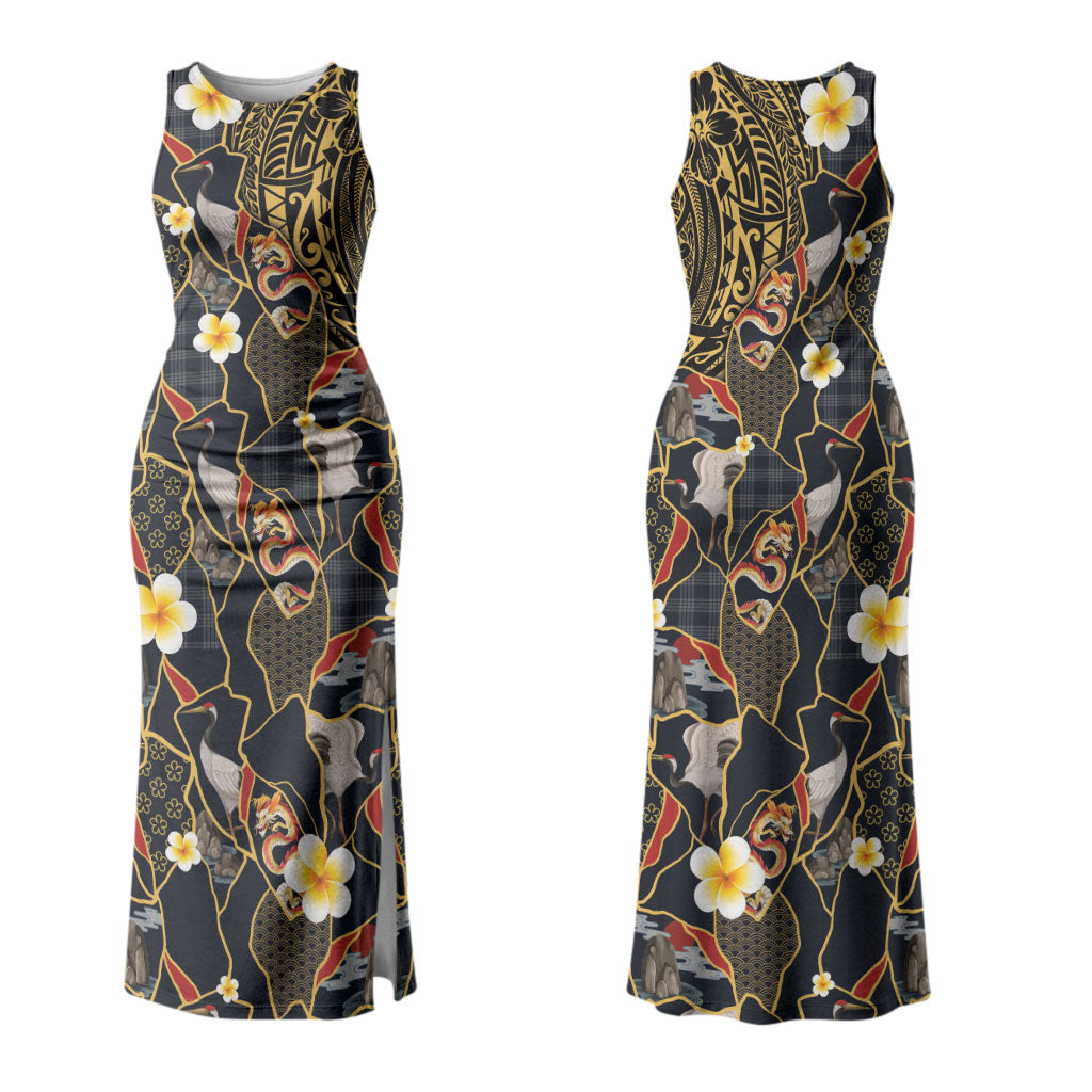 Hawaiian and Japanese Couples Matching Tank Maxi Dress and Hawaiian Shirt Polynesian Tattoo with Japanese Culture Kintsugi Style