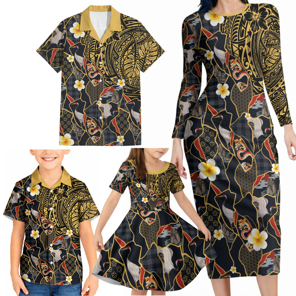 Hawaiian and Japanese Family Matching Long Sleeve Bodycon Dress and Hawaiian Shirt Polynesian Tattoo with Japanese Culture Kintsugi Style LT03 - Polynesian Pride