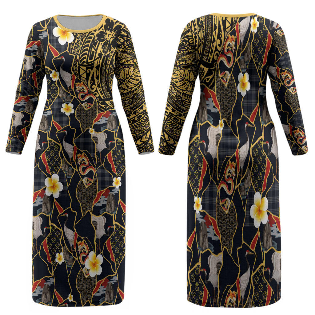 Hawaiian and Japanese Family Matching Long Sleeve Bodycon Dress and Hawaiian Shirt Polynesian Tattoo with Japanese Culture Kintsugi Style