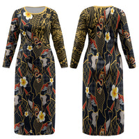 Hawaiian and Japanese Family Matching Long Sleeve Bodycon Dress and Hawaiian Shirt Polynesian Tattoo with Japanese Culture Kintsugi Style