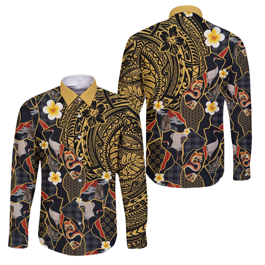 Hawaiian and Japanese Family Matching Long Sleeve Bodycon Dress and Hawaiian Shirt Polynesian Tattoo with Japanese Culture Kintsugi Style