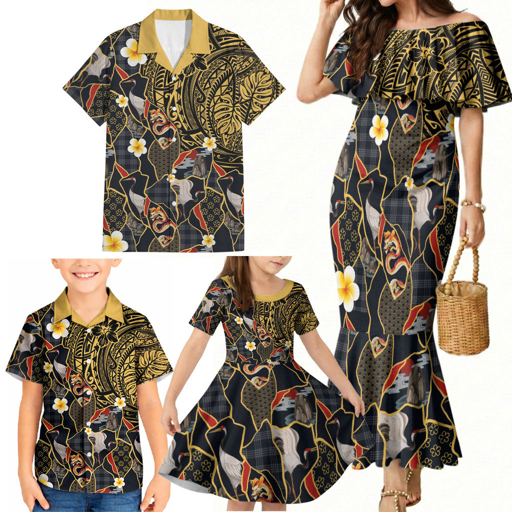 Hawaiian and Japanese Family Matching Mermaid Dress and Hawaiian Shirt Polynesian Tattoo with Japanese Culture Kintsugi Style