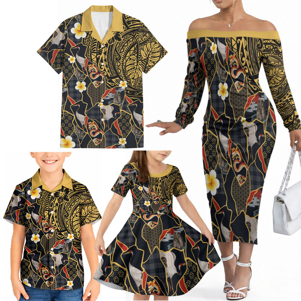 Hawaiian and Japanese Family Matching Off The Shoulder Long Sleeve Dress and Hawaiian Shirt Polynesian Tattoo with Japanese Culture Kintsugi Style LT03 - Polynesian Pride