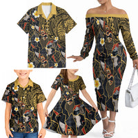 Hawaiian and Japanese Family Matching Off The Shoulder Long Sleeve Dress and Hawaiian Shirt Polynesian Tattoo with Japanese Culture Kintsugi Style