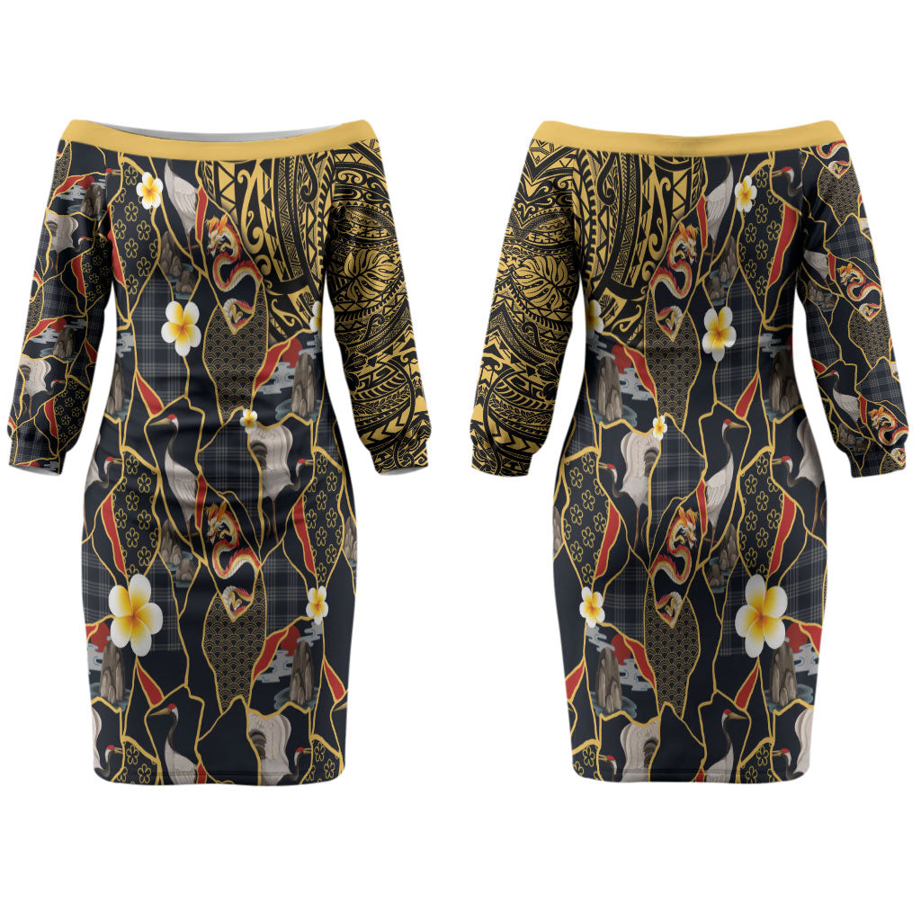 Hawaiian and Japanese Family Matching Off The Shoulder Long Sleeve Dress and Hawaiian Shirt Polynesian Tattoo with Japanese Culture Kintsugi Style
