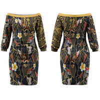 Hawaiian and Japanese Family Matching Off The Shoulder Long Sleeve Dress and Hawaiian Shirt Polynesian Tattoo with Japanese Culture Kintsugi Style