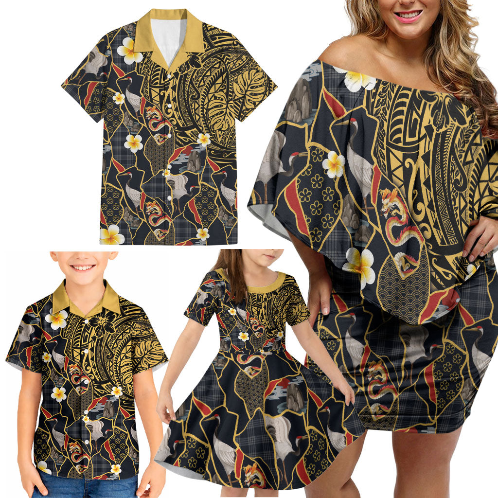Hawaiian and Japanese Family Matching Off Shoulder Short Dress and Hawaiian Shirt Polynesian Tattoo with Japanese Culture Kintsugi Style LT03 - Polynesian Pride